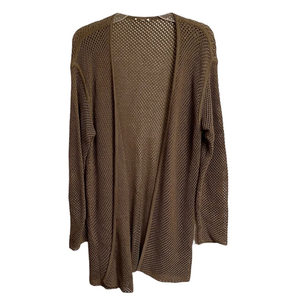 Open Knit Open Front Olive Green Long Cardigan Sweater - Picture 1 of 6